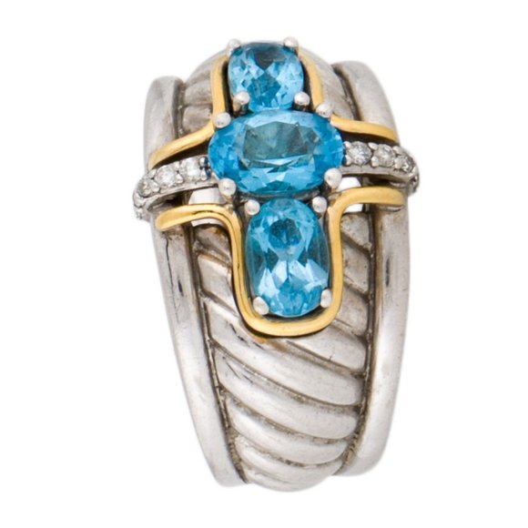 SONIA BITTON 14K YELLOW GOLD & SS TWO-TONE TOPAZ & DIAMOND COCKTAIL BAND… - Picture 4 of 7